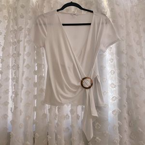 BAR III White and Tortoise Wrap Short Sleeve Top Blouse